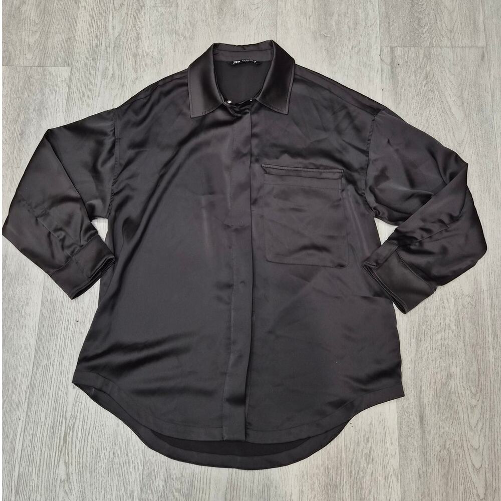 Zara Black Satin Effect Button-Up Overshirt